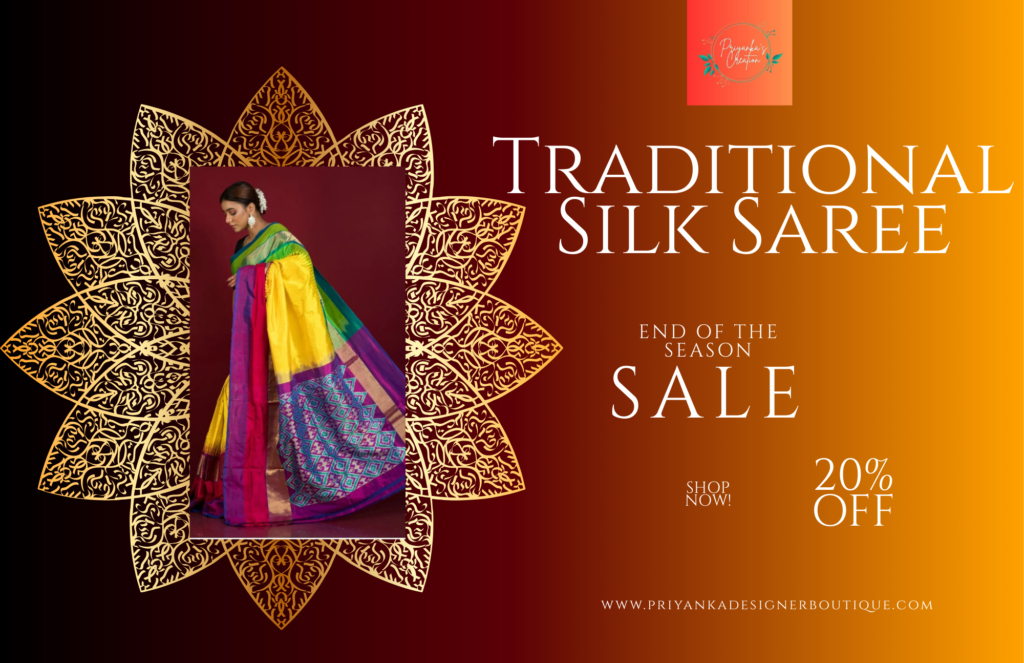 orange and gold traditional silk saree sale flyer